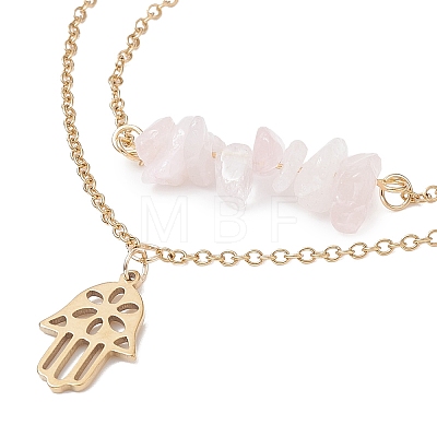 Natural Rose Quartz Chips Beaded & Hamsa Hand Charms Double Layer Multi-strand Bracelet AJEW-AN00511-03-1