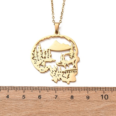 Halloween 304 Stainless Steel Hollow Tree Skull Pendant Cable Chain Necklaces for Men Women NJEW-K308-10G-1