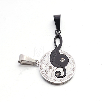 Valentine's Couple Jewelry 304 Stainless Steel Rhinestone Flat Round and Musical Note with Word Love You Pendants STAS-E090-74-1