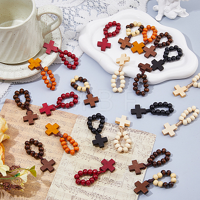 24Pcs 6 Colors Wood Cross & Round Beads Finger Rings RJEW-DC0001-24-1