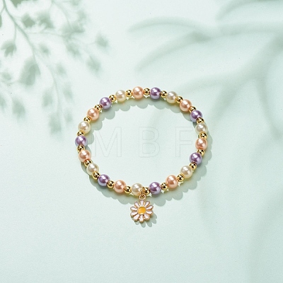 Glass Pearl Beaded Stretch Bracelet with Alloy Enamel Daisy Charm for Women BJEW-JB08541-1