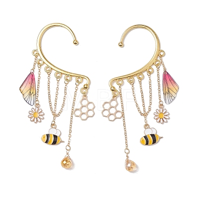 Brass Bees & Glass Teardrop Tassel Earrings EJEW-TA00538-1