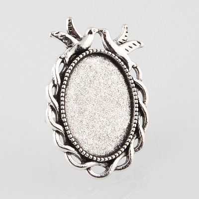 Vintage Adjustable Iron Finger Ring Components Alloy Double Kissing Birds Cabochon Bezel Settings PALLOY-O039-14AS-1