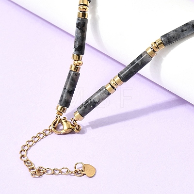 Natural Larvikite & Synthetic Non-magnetic Hematite Column Beaded Necklaces with 304 Stainless Steel End Chains NJEW-K301-01C-1