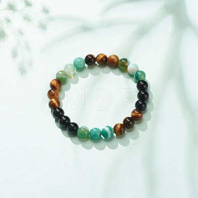 Natural Agate & Tiger Eye & Black Onyx Round Beaded Stretch Bracelet BJEW-JB08400-03-1