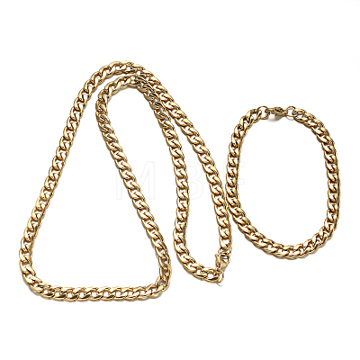 304 Stainless Steel Cuban Link Chain Necklaces and Bracelets Jewelry Sets SJEW-O065-B-04G-1