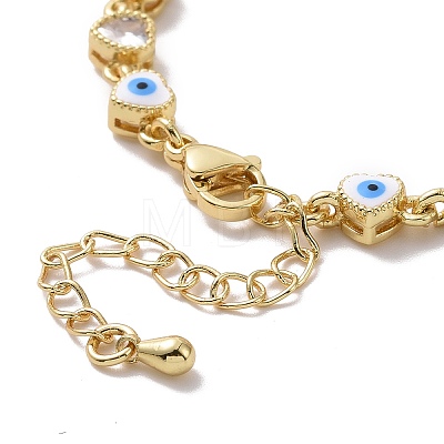 Enamel Evil Eye & Cubic Zirconia Heart Link Chain Bracelet BJEW-H555-01B-1