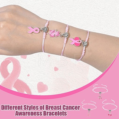 6Pcs 3 Styles Adjustable Alloy Enamel Pink Ribbon Charm Nylon Braided Bracelet Sets BJEW-YW00019-1