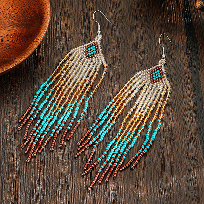 Handmade Glass Seed Beads Rhombus Tassel Dangle Earrings NB4453-1
