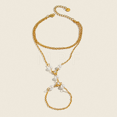 304 Stainless Steel and Imitation Pearl Multi-Strand Hand Chain Ring Bracelets with Clear Cubic Zirconia for Women VO2892-1