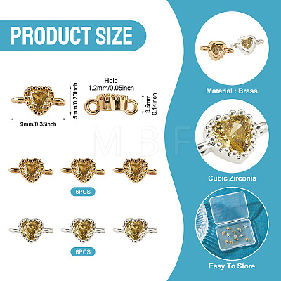 12Pcs 2 Colors Brass Pave Cubic Zirconia Heart Links Connector Charms KK-TA0003-48C-1