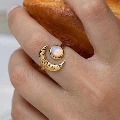 304 Stainless Steel with Opalite Open Cuff Rings for Women RJEW-K393-08G-1