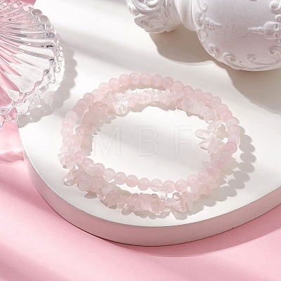 Chip & Round Natural Rose Quartz Beaded Stretch Bracelets for Women BJEW-JB10189-08-1