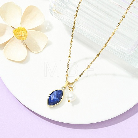 Natural Lapis Lazuli Faceted Horse Eye & Natural Pearl Pendant 304 Stainless Steel Satellite Chain Necklaces for Women NJEW-JN06057-01-1