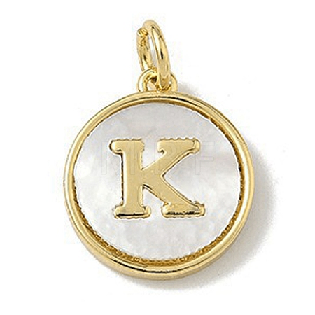 Brass Pave Natural Shell Flat Round with Letter Charms KK-Z115-13G-K-1