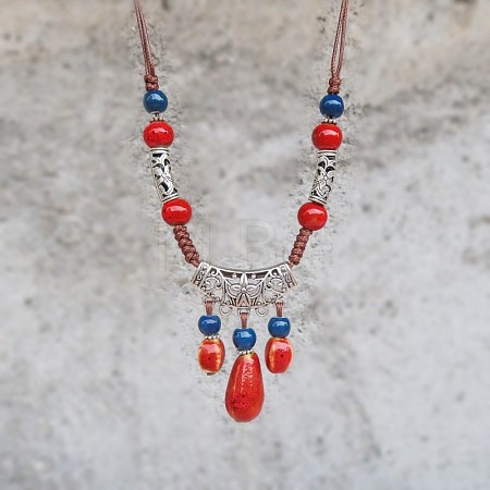 Bohemian Bohemian Alloy with Porcelain Teardrop Bead Tassel Pendant Adjustable Necklaces FS-WG3E161-01-1