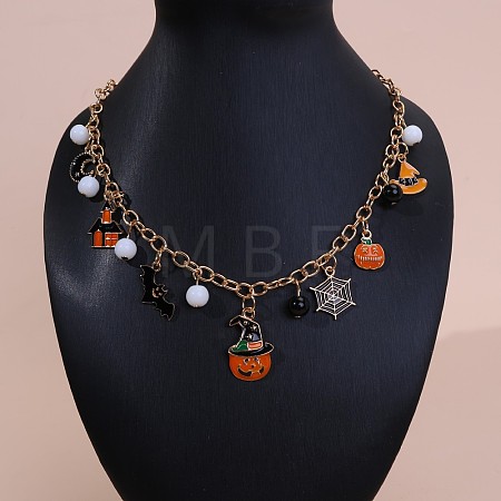 Alloy Enamel with Plastic Halloween Pumpkin Bat Spider Web Pendant Bib Necklaces for Women FS-WGDE872-03-1