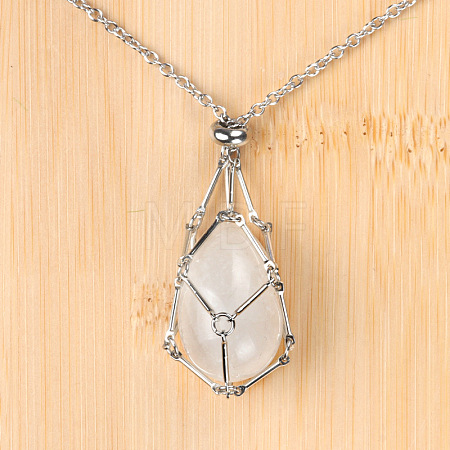 Natural Quartz Crystal Easter Egg Cage Pendant 304 Stainless Steel Cable Chain Necklaces FS-WGA333C-12-1