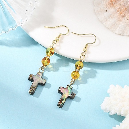 Natural Amber & Abalone Shell/Paua Shell Beads Dangle Earrings EJEW-JE07315-03-1