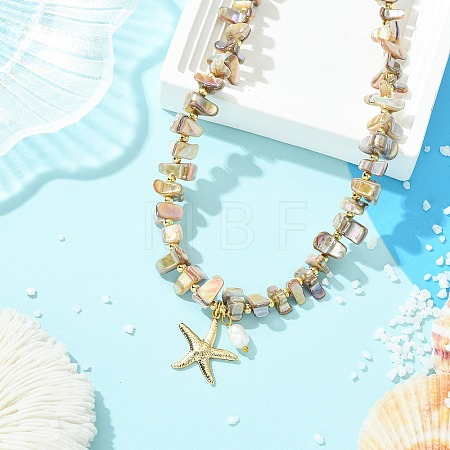 Summer Beach Starfish 304 Stainless Steel Pendant AB Color Natural Freshwater Shell Nuggets Beaded Necklaces for Women NJEW-JN06056-1
