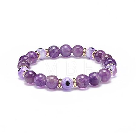 Natural Amethyst & Lampwork Evil Eye Round Beaded Stretch Bracelet BJEW-JB08713-06-1