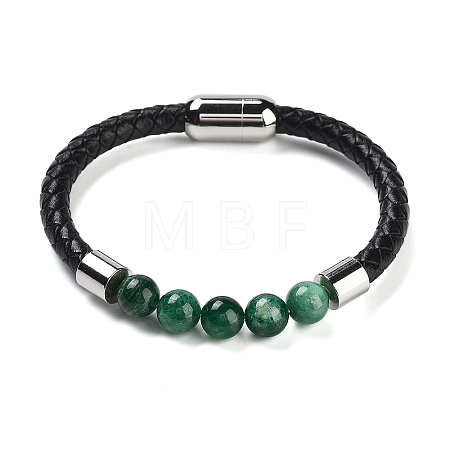 Natural Fuchsite Round Bead Braided Leather Cord Bracelets for Men Women BJEW-A009-11P-01-1