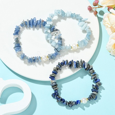 3Pcs 3 Styles Natural Mixed Gemstone Chip & Cultured Freshwater Pearl Beaded Stretch Bracelets Set for Women BJEW-JB13762-08-1