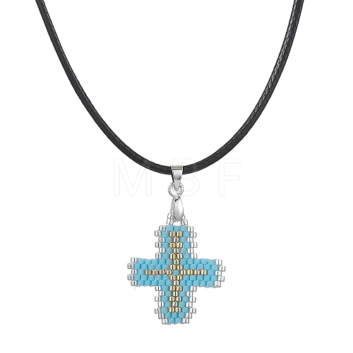 Glass Seed Cross Pendant Necklaces NJEW-MZ00025-02-1