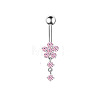 1Pc 304 Stainless Steel Rose Rhinestone Curved Barvell Dangle Belly Rings WGF9938-02-4