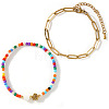 2Pcs 2 Styles Glass Seed Beads & Natural Shell & 304 Stainless Steel Beads Stretch Bracelest & Brass Paperclip Chain Bracelets Set for Women GY4605-1-1