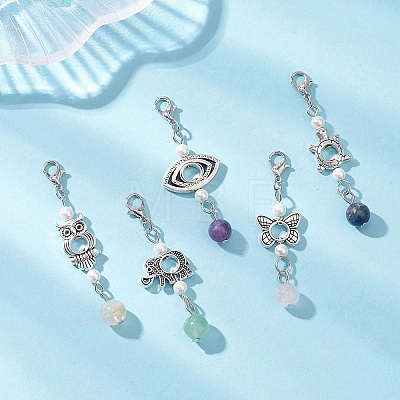 Alloy & Natural Amethyst & Natural Madagascar Rose Quartz & Shell Pearl & Natural Green Aventurine Pendant Decorations HJEW-JM04578-1