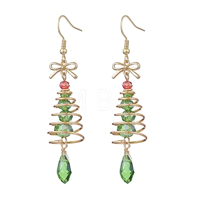 Christmas Tree with Bowknot Brass Wired Glass Dangle Earrings EJEW-JE06125-1