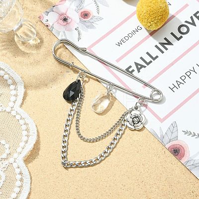 Faceted Teardrop & Alloy Flower Charm Safety Pin Brooch JEWB-BR00110-1