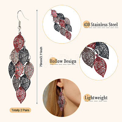 2 Pairs 430 Stainless Steel Leaf Dangle Earrings EJEW-TA0001-83C-1
