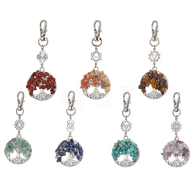 Chakra Natural & Synthetic Gemstone Chips Beads & Alloy Tree of Life Pendant Decorations GG-CJ775D-1