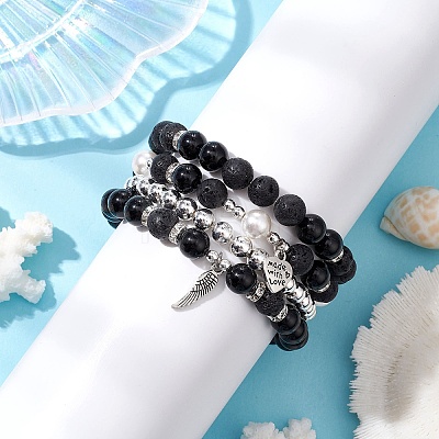 Natural Obsidian and Natural Lava Rock Bracelets Set for Women Men BJEW-JB11097-1