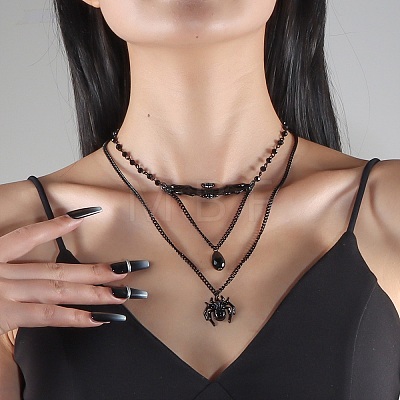 Iron & Teardrop Resin Halloween Bat Spider Pendant Double Layered Necklaces for Women LS-NJEW-A055-01B-EB-1