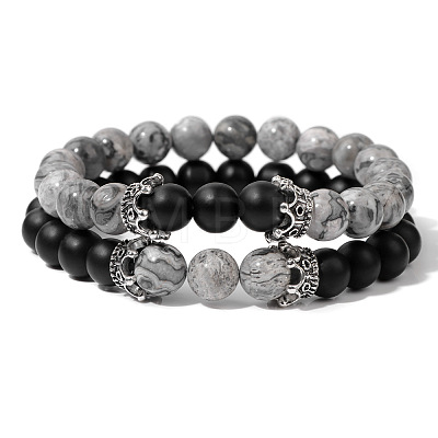 2Pcs 2 Styles Natural Picasso Jasper Beads Stretch Bracelet Set for Women Men MO5189-3-1