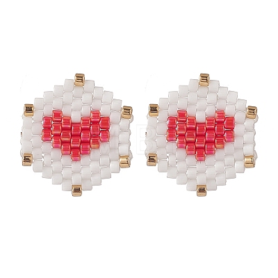 3 Pairs 3 Color Glass Seed Braided Hexagon with Heart Stud Earrings EJEW-MZ00009-1