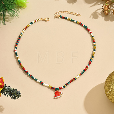 Christmas Alloy Enamel Pendant Colorful Glass Seed Beaded Necklaces FS-WG695D6-10-1
