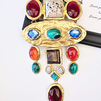 Oval Square Baroque Style Alloy & Colorful Resin Statement Bib Necklaces FS-WG6C445-01-1