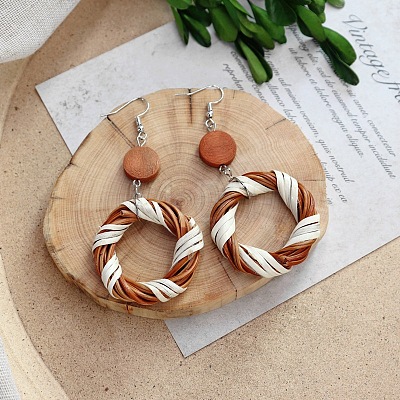 Bohemian Wood & Rattan Wood Woven Dangle Earrings WG8783F-03-1