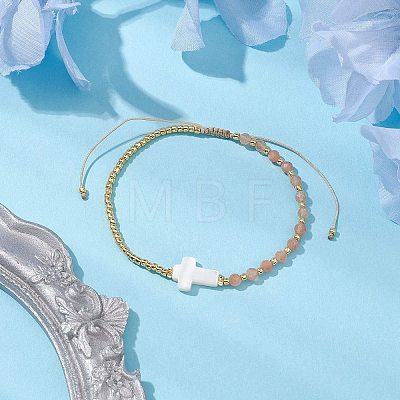 3mm Round Faceted Natural Sunstone & Seed Beads Braided Bead Bracelets BJEW-JB10594-02-1