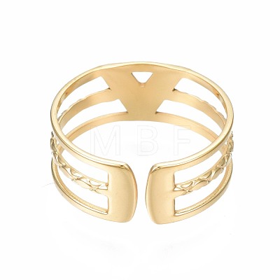 304 Stainless Steel Initial Letter V Open Cuff Ring RJEW-T023-42G-1