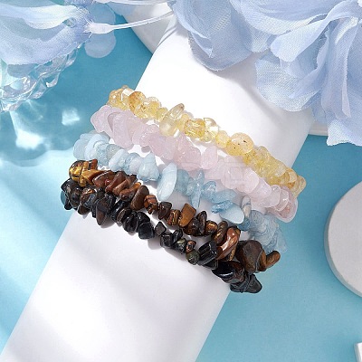 12 Constellation Natural Mixed Gemstone Chip Beaded Stretch Bracelets Sets for Women Men BJEW-JB10264-08-1