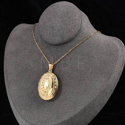 304 Stainless Steel Oval Locket Pendant Cable Chain Necklaces for Women NJEW-M050-04D-G-1