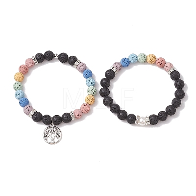 2pcs 2 Styles 8mm Round Dyed Natural Lava Rock & Shell Pearl Beaded Stretch Bracelet Sets BJEW-JB10318-1