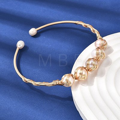 Brass Wire Wrapped Natural  Pearl Cuff Bangles for Women BJEW-D453-06G-1