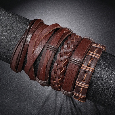 6Pcs 6 Style Adjustable Braided Imitation Leather Cord Bracelet Set with Waxed Cord for Men BJEW-F458-12-1