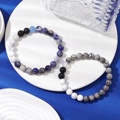 2 Pcs Round Natural & Synthetic Gemstone Stretch Bracelets Sets for Women BJEW-JB11014-1